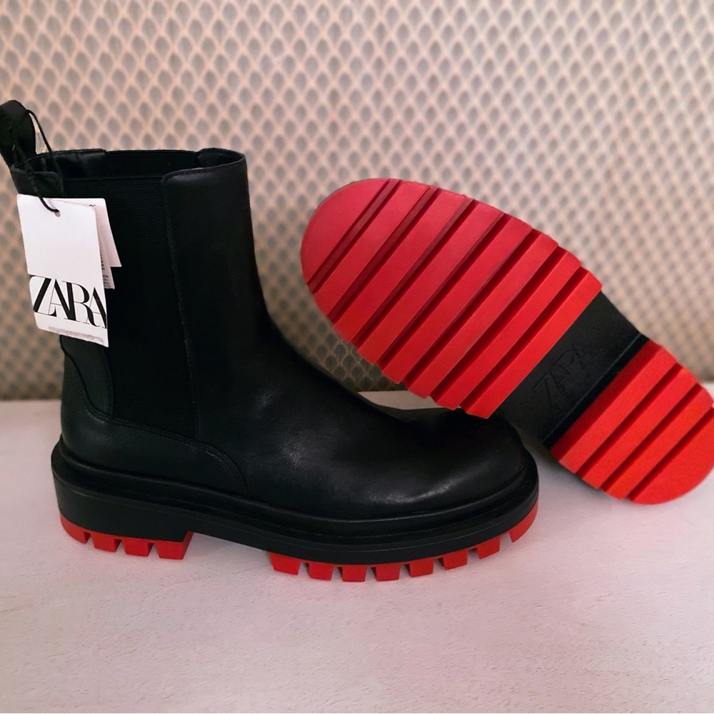 NWT Zara LUG RED SOLE LOW HEEL LEATHER ANKLE BOOT